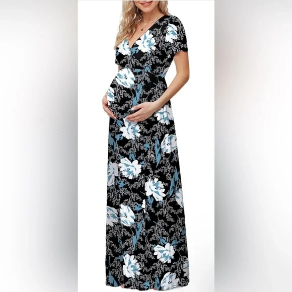 chinese dress ladies Angel Maternity Crossover Faux Wrap Maternity Maxi Dress Light Blue